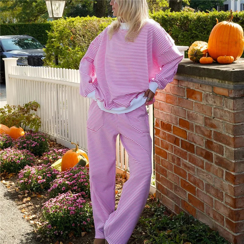 Striped Sweatshirt Sets for Women 2 Piece Pants Outfits Y2k Long Sleeve High Neck Pullover and Pants Spring Tracksuit