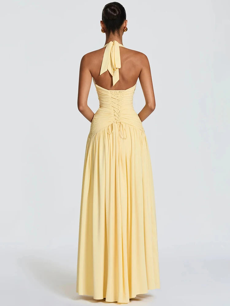 Women Halter Sexy Maxi Dress Deep V Neck Pleated Backless High Split Evening Party Dress Elegant Beach Long Dresses