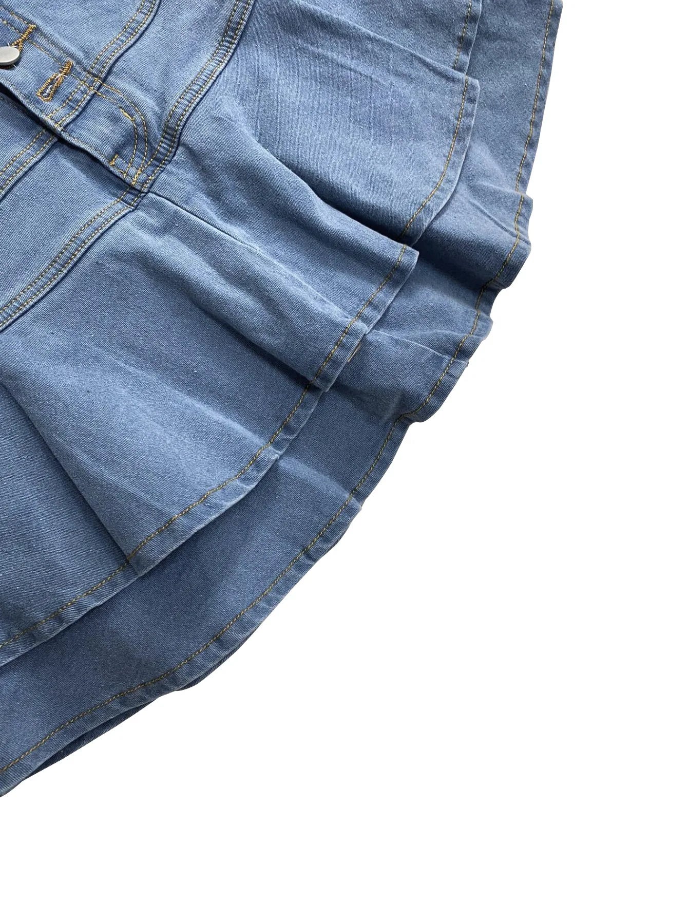 Sexy Denim Tierred Skirt Women Summer Casual High Waist A-line Buttons Beach Holiday Street Wash Blue Jeans Bottom