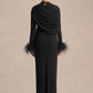 Women High Neck Long Sleeve Maxi Dress Draped Ruched Feather Cuff Formal Gown High Slit Evening Party Bodycon Dress