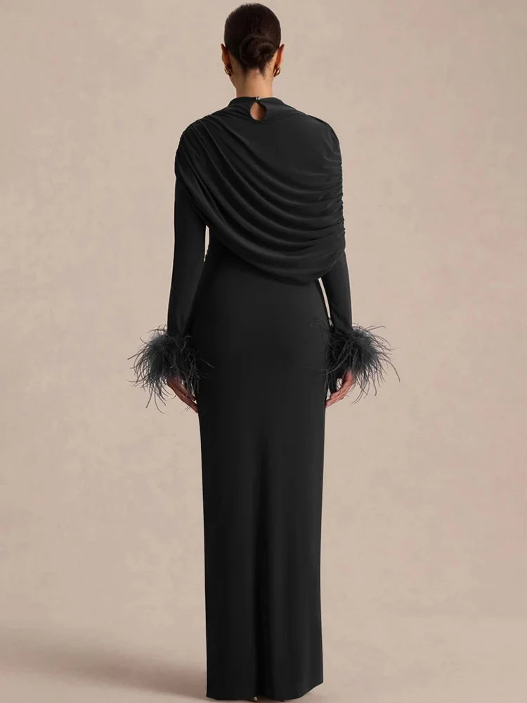 Women High Neck Long Sleeve Maxi Dress Draped Ruched Feather Cuff Formal Gown High Slit Evening Party Bodycon Dress