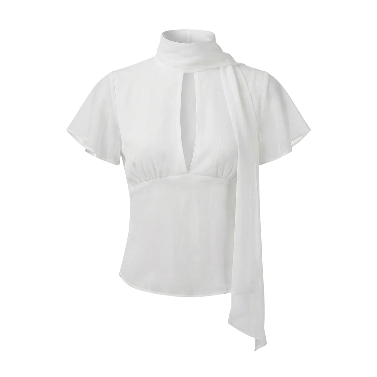 Y2K Women Mesh Sheer Blouse Short Flutter Sleeve Keyhole Neck Tie Scarf Collar Slim Fit Cropped Top Vintage Party Shirt
