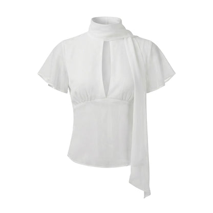 Y2K Women Mesh Sheer Blouse Short Flutter Sleeve Keyhole Neck Tie Scarf Collar Slim Fit Cropped Top Vintage Party Shirt