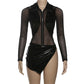 Two Piece Set Sheer Mesh Leather Patchwork Long Sleeve Bodysuit Top Slit Mini Skirt Sexy Black Club Outfit