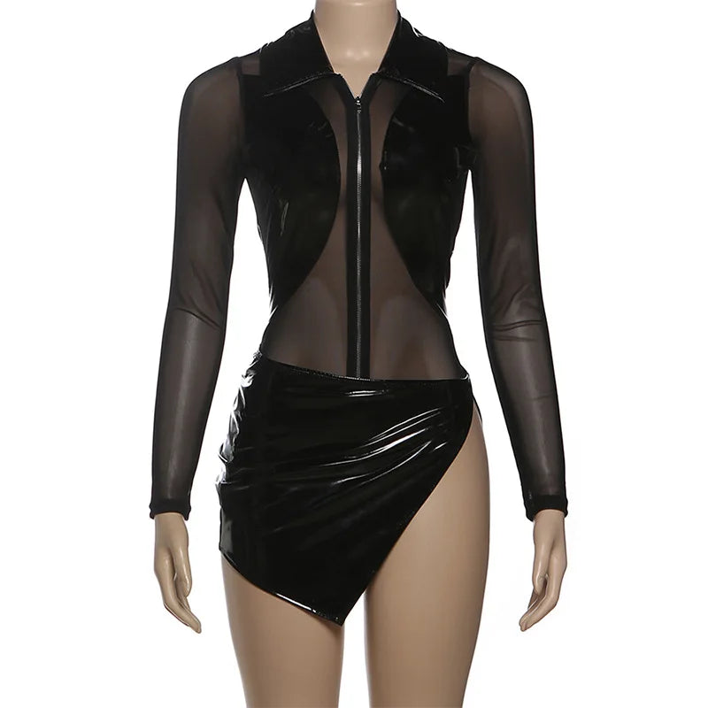 Two Piece Set Sheer Mesh Leather Patchwork Long Sleeve Bodysuit Top Slit Mini Skirt Sexy Black Club Outfit