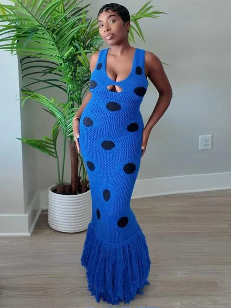 Knit Women Dress Beach Vacation Skinny Stretch Sleeveless Hollow Dot Tassel Hem Elegant Sexy Midnight Maxi Bodycon