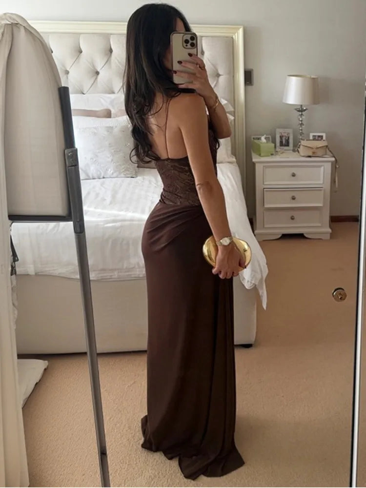 One Shoulder Lace See Through Sexy Maxi Dress Women Gown Fashion Off-shoulder Sleeveless Backless Club Long Dresses