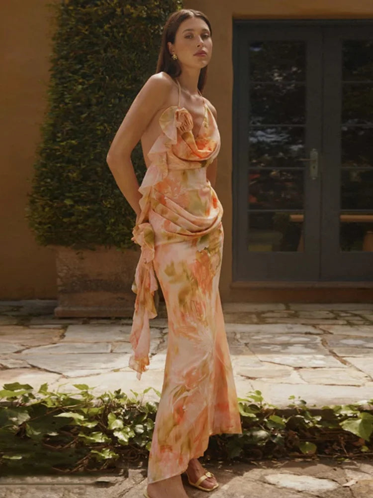 Floral Print Mesh Long Flowy Dresses for Summer 2025 Elegant Sexy Backless Maxi Dress Woman Resort Wear