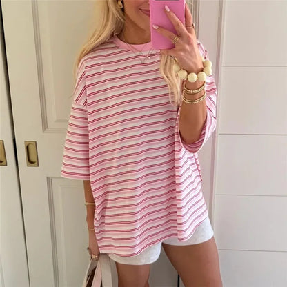 Y2K Pink Striped Oversized T Shirt Casual Loose Half Sleeve Crew Neck Tee Grunge Aesthetic Streetwear Summer Top