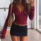 Polka Dot T Shirts Lace Trim Deep V Neck Long Flared Sleeves Fitted Crop Tops for Women Clothes Autumn 2026