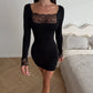 Black Long Sleeve Bodycon Mini Dress with Lace Trim Square Neck and Cuffs 2026 Fall Dresses for Woman Elegant
