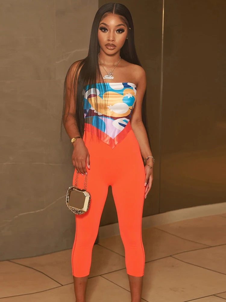 Sexy Hipster Women 2 Piece Set Y2K Strapless Colorful Belly Tops+Bike Shorts Tight Stretch Midnight Clubwear Outfits