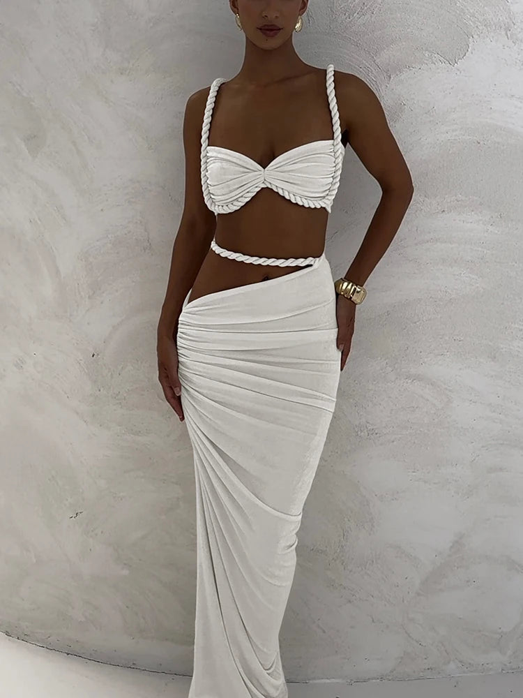 Ruched Y2K Sexy 2 Piece Set Women Plait Camisole+Hollow Skirts Bandage Vacation Beach Party Trend Skinny Clubwear
