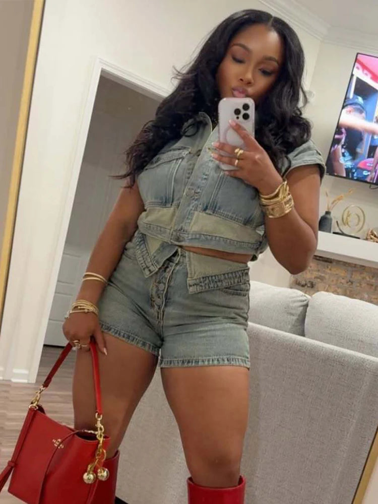 Patchwork Women 2 Piece Set Frock Tracksuit Single-Breasted Pocket Tank Tops+Lapel Short Matching Streetwear Outfits