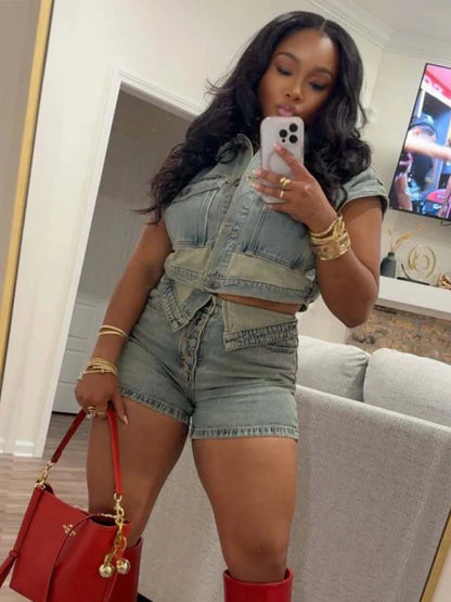 Patchwork Women 2 Piece Set Frock Tracksuit Single-Breasted Pocket Tank Tops+Lapel Short Matching Streetwear Outfits