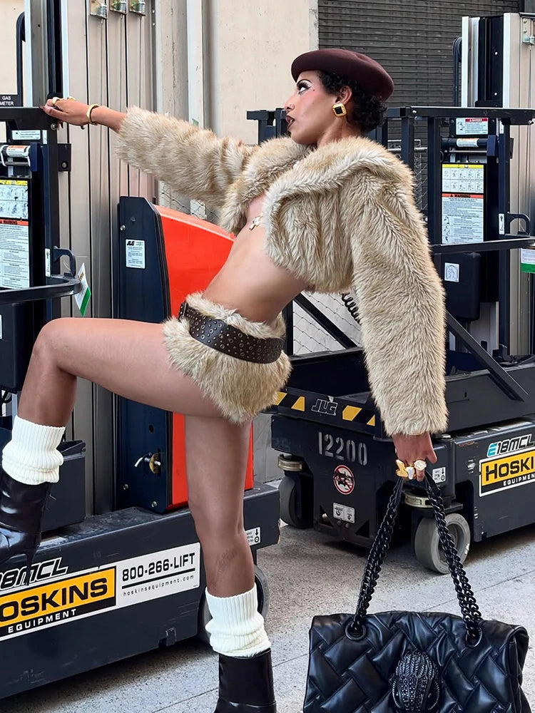 Sexy Furry Crop Jacket Women Basic Autumn Trend Button Lapel Full Sleeve Hottie Simple Wild Streetwear Clubwear Coat