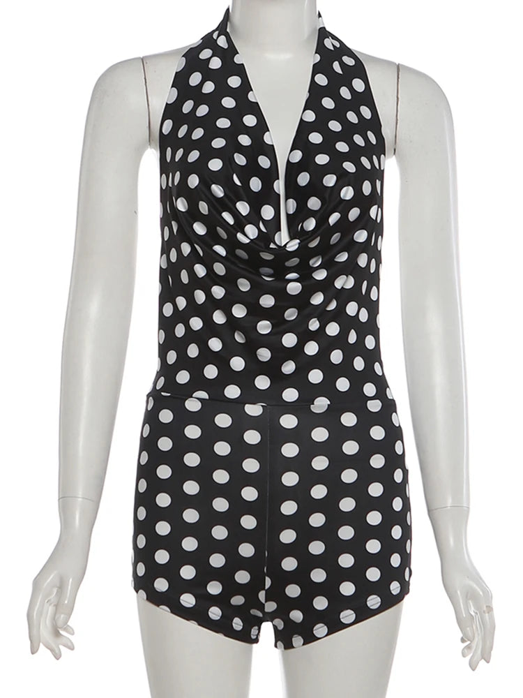 Wild Trend Romper Women Fashion Swing Collar Sexy Hottie Backless Polka Dot Print Halter Midnight Party Street Clubwear