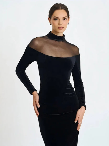 Mesh Velvet Patchwork Black Long Sleeve Maxi Dresses Elegant Woman for Party Evening Dress Autumn Winter
