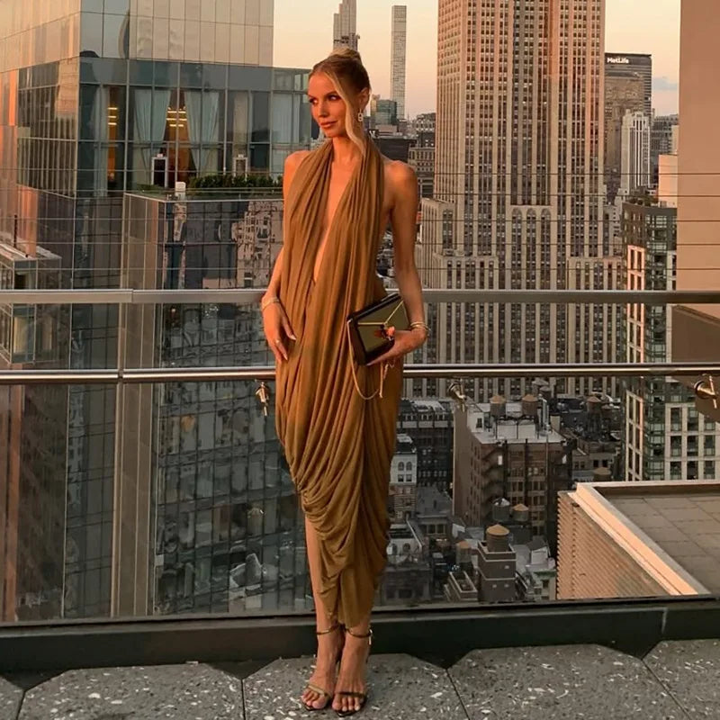 Asymmetrical Draped Open Back Long Dresses Elegant Sexy Cocktail Party Dresses for Woman 2026