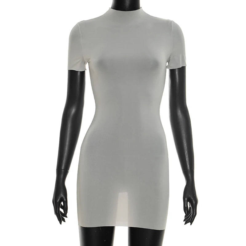 Sexy See Through Dress Women Y2K Summer O-Neck Short Sleeves Skinny Peach Hip Solid Elastic Clubwear midnight Bodycon