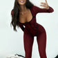 Backless Long Sleeve Sexy Jumpsuit Women Overalls Elegant Square Collar Striped Skinny Sporty Fitness Jumpsuits Ladies