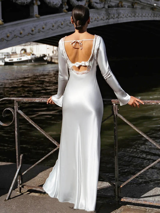 Backless Smooth Maxi Dress Women High Side Slit Patchwork Lace Bow Decoration Bandage Elegant Banquet Vacation Vestidos