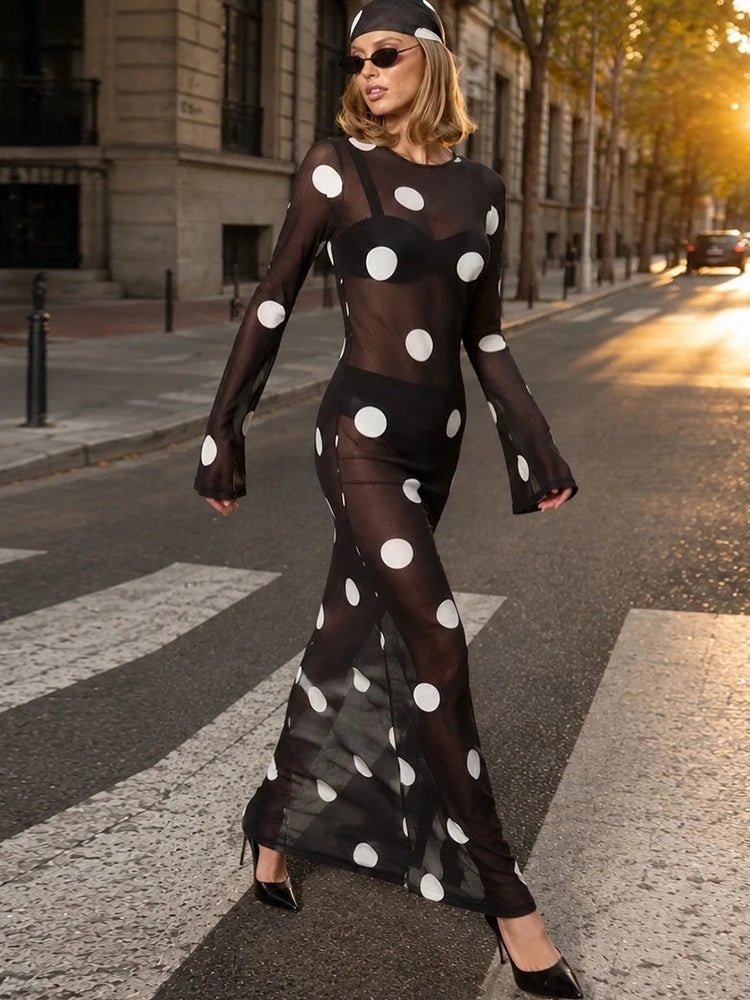 Mesh See Through Long Dress+Headscarf Woman Autumn Trend Polka Dot Print o-Neck Full Sleeve Sexy Fashion Vestidos