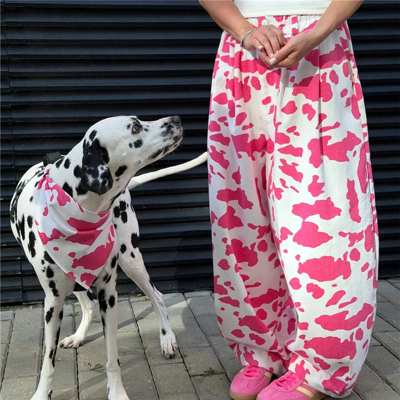 Harajuku Women Cow Print Zebra Print Baggy Wide Leg Pants Elastic High Waist Pleated Oversized Casual Long Trousers