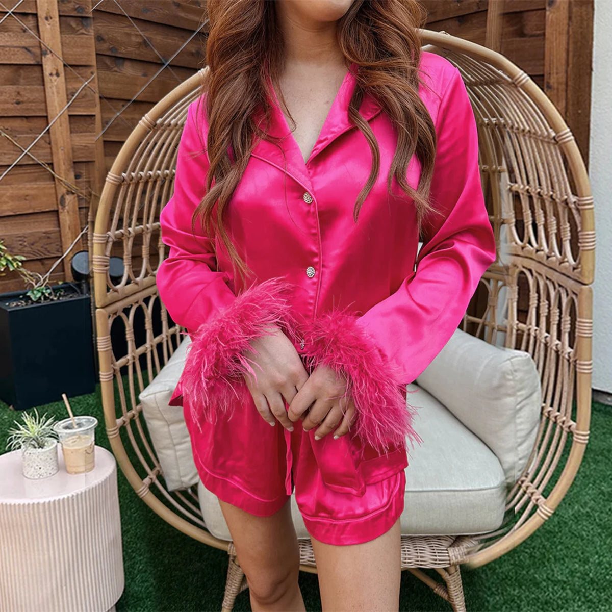 Women's Satin Pajama Sets Solid Color Lapel Long Sleeve Tops with Feather Cuffs + Shorts Set Fashion Spring Clothes