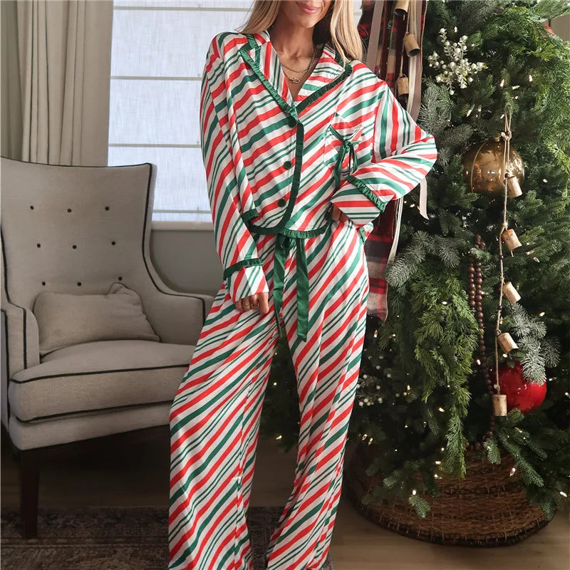 Holiday Xmas Stripe Satin Pyjama Set Ruffle Edge Collar Long Sleeve Cropped Shirt Drawstring Pant Festive Sleep Outfit