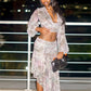 Sexy Air Print 2 Piece Set Women Fashion Deep V-Neck Full Sleeve Crop T-Shirt+Irregular Hem Skirt Trend Party Suits