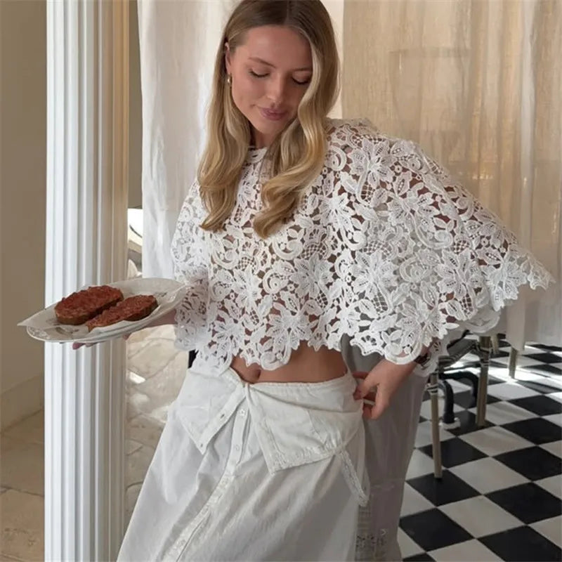 Cute Women See Through Crochet Lace Cape Short Top Crew Neck Batwing Sleeve Cropped Layering Top Matching Camisole