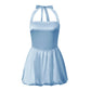 Women's Satin Halter Neck Mini Dress Tie Back Bow Bubble Skirt A-Line Sleeveless Bodycon Party Clubwear Cocktail Dress