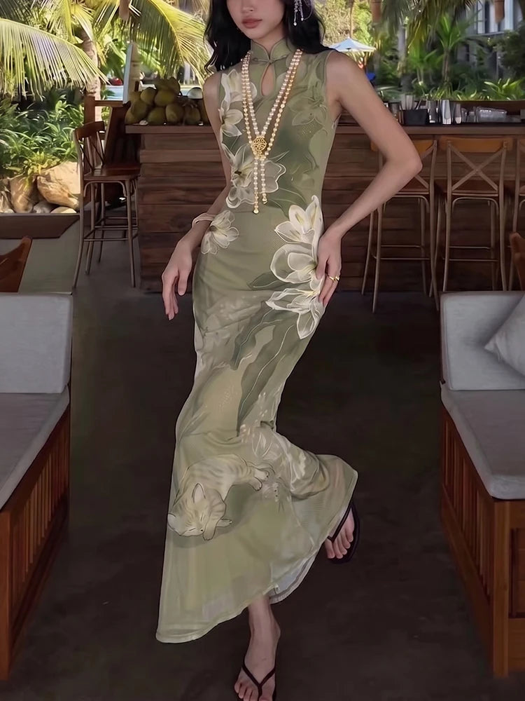 Hollow Maxi Dress Women Frog Button Stand-Up Collar Floral Print Sleeveless Classic Summer Elegant Chic Vestidos