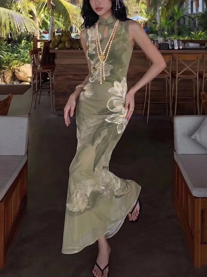 Hollow Maxi Dress Women Frog Button Stand-Up Collar Floral Print Sleeveless Classic Summer Elegant Chic Vestidos