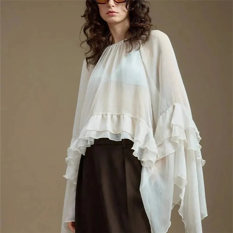 High Street Solid Color Ruffled Long Sleeve Loose Elegant Ladies Tops Shirt Women Sheer Chiffon Blouse Y2K Streetwear