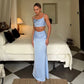 Blue Satin Co Ords Sets Elegant Party Outfits for Woman Summer 2026 Sexy 2 Piece Ruched Top Maxi Skirt Set