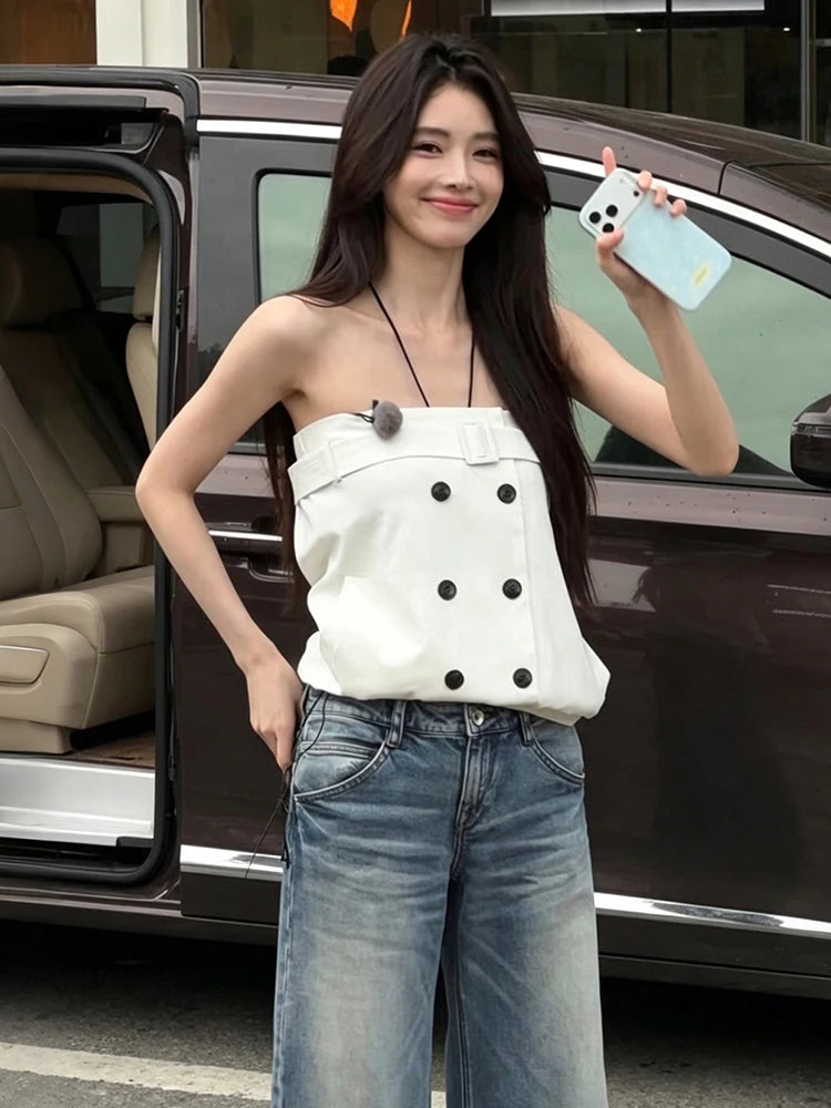 Chest Wrap Double-Breasted Tank Tops Women Square Decoration Classic Music Festival High Street Summer New Trend Outfit