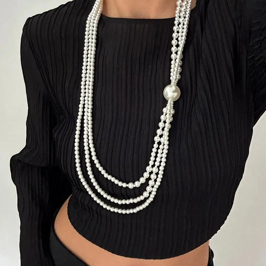 Baroque Multilayer Imitation Pearl Long Chain Necklace Women Creative Elegant Sweater Chain Neck Accessories Jewelry
