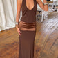 Silky Stain Patchwork Gown Dress Woman Summer Trend Low-Neck Backless Sleeveless Evening Party Elegant Long Bodycon