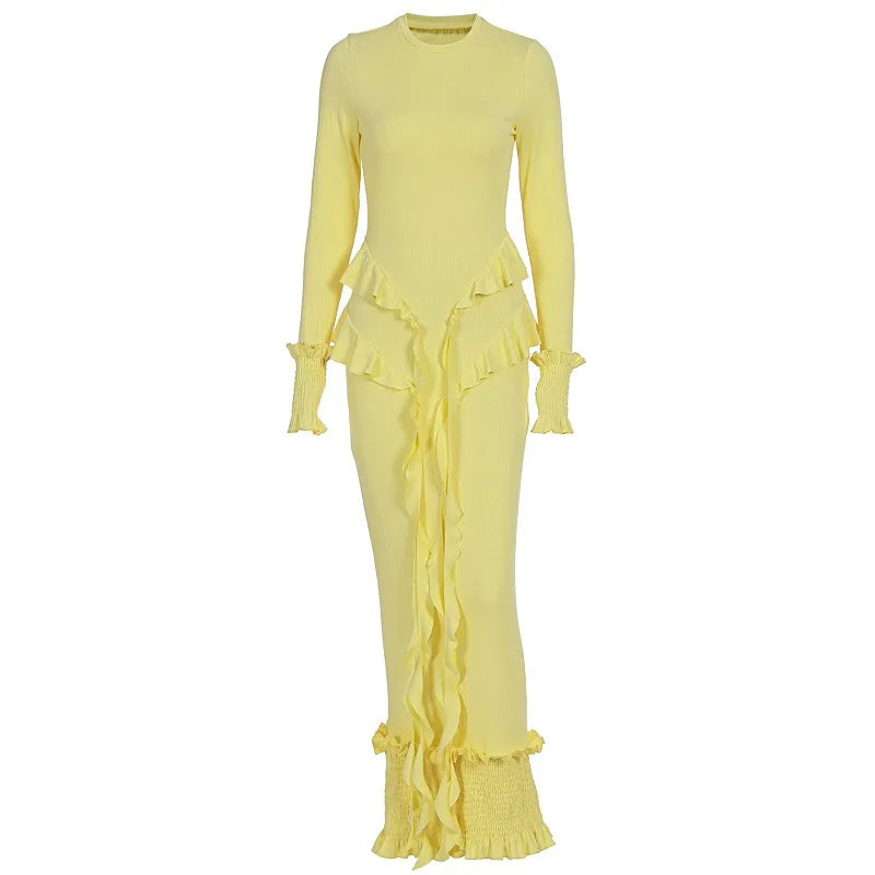 Ruffled Long Sleeve Maxi Dress Elegant Yellow Dresses for Woman Brunch Outfits Winter