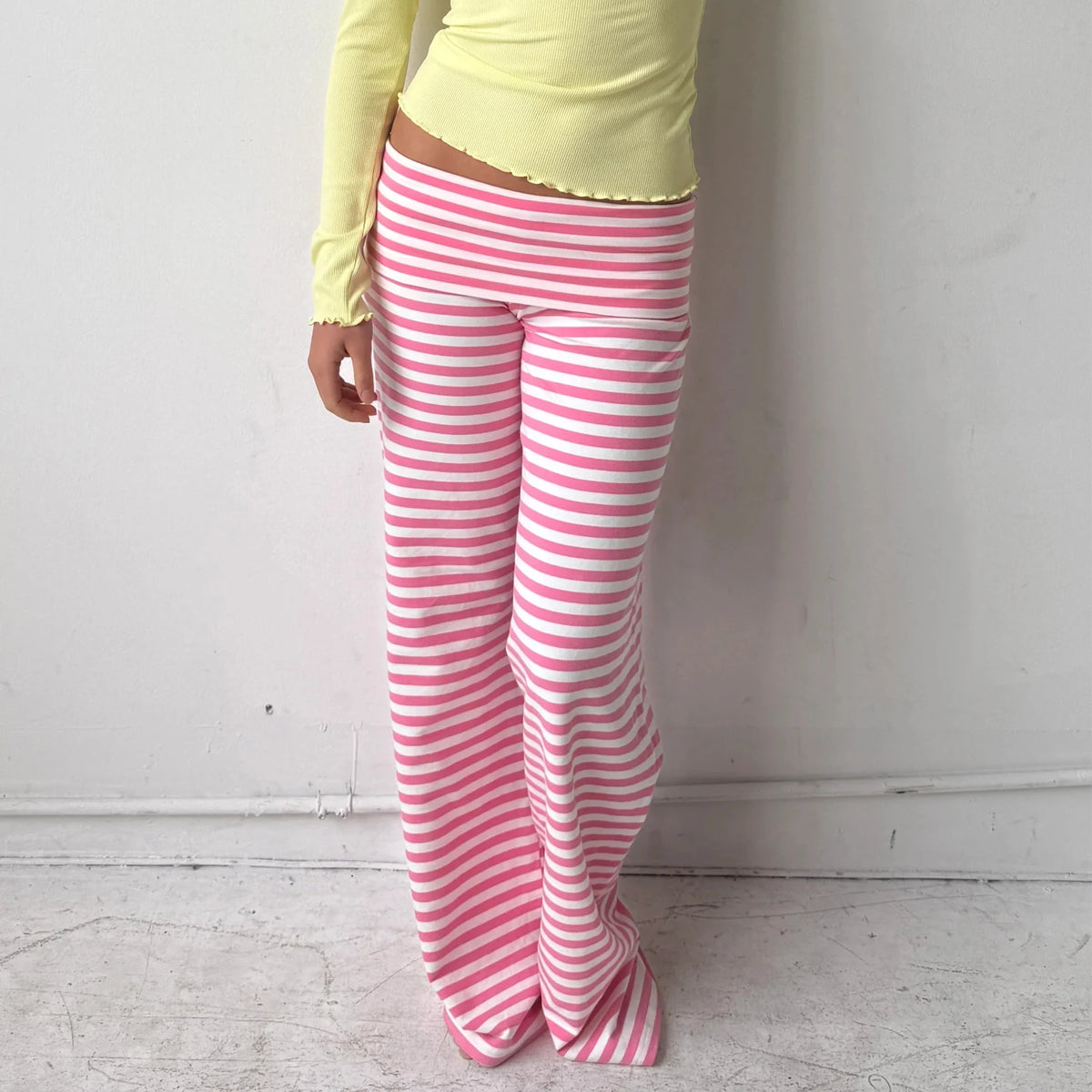 Y2K Fold Over Wide Leg Pants Preppy Women Striped Patchwork Low Waist Trousers Female Casual Lounge Yoga Sweatpants