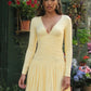 Deep V Neck Long Sleeve Dresses Sexy Outfits Women Fall 2025 Elegant Yellow Pleated Mini Dress