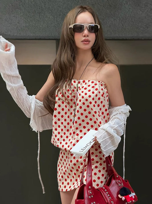 Polka Dot Print Dress Women Chest Wrap Sleeveless Sweet Prom Party Chic 2026 Summer Fashion Leisure Street Bodycon