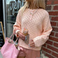Women Hollow Eyelet Knitted Sweater Henley Button Neck Long Sleeve Loose Cropped Jumper Casual Spring Fall Pullover