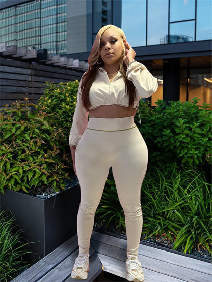 Patchwork 2 Piece Set Women Tracksuit Zip Shirring Hem Crop Jacket+Elastic Leggings Casual Daily Street Sporty Suits