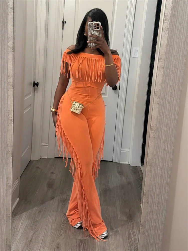 Tassel Patchwork Jumpsuits Women Slash Neck Short Sleeve Skinny Peach Hip 2025 Summer Street New Trend Solid Overalls