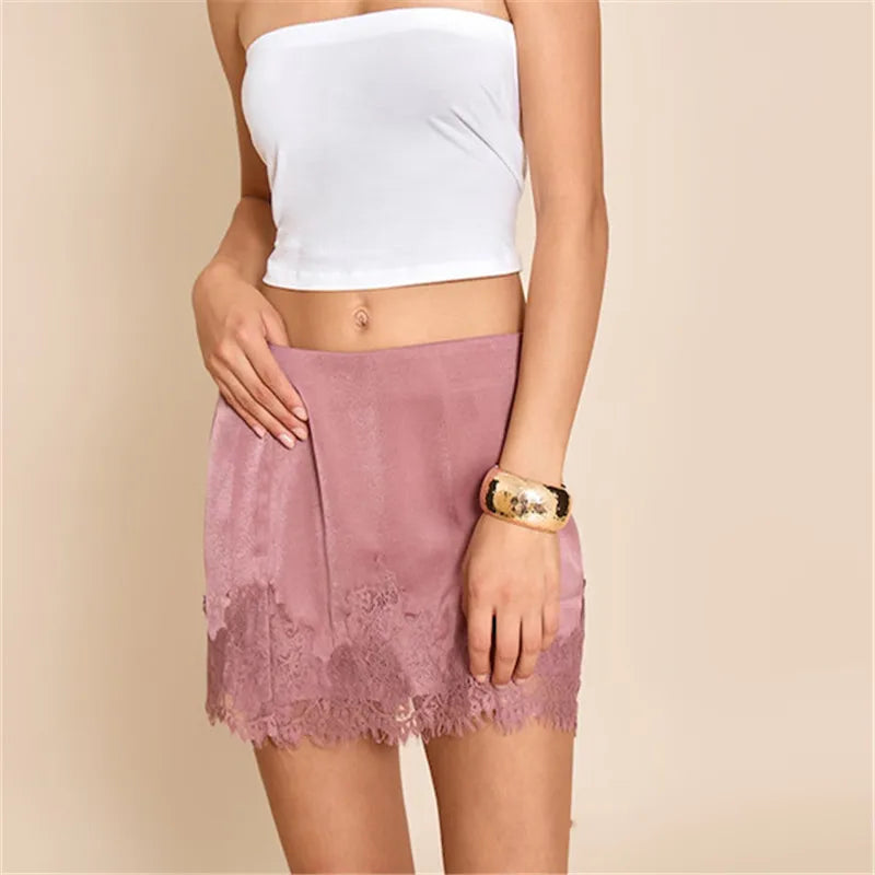 Y2k Half Slips Under Dress Elegant Fashion Bodycon Skirt Women Silk Satin Pencil Skirt Lace Trim Low Rise Underskirts