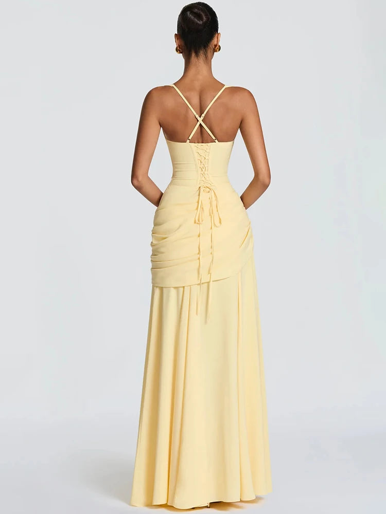 Square Collar Backless Sexy Maxi Dress Women Elegant Chiffon Sleeveless Bodycon Club Party Pleated Long Dresses