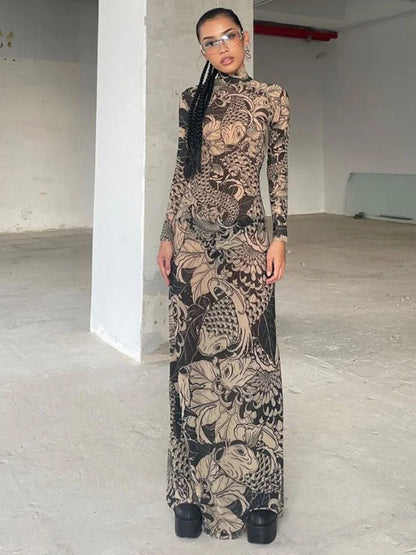 Vintage Printed Mesh Dress See Through Long Sleeve Maxi Dresses for Women Streetwear Y2k Clothing